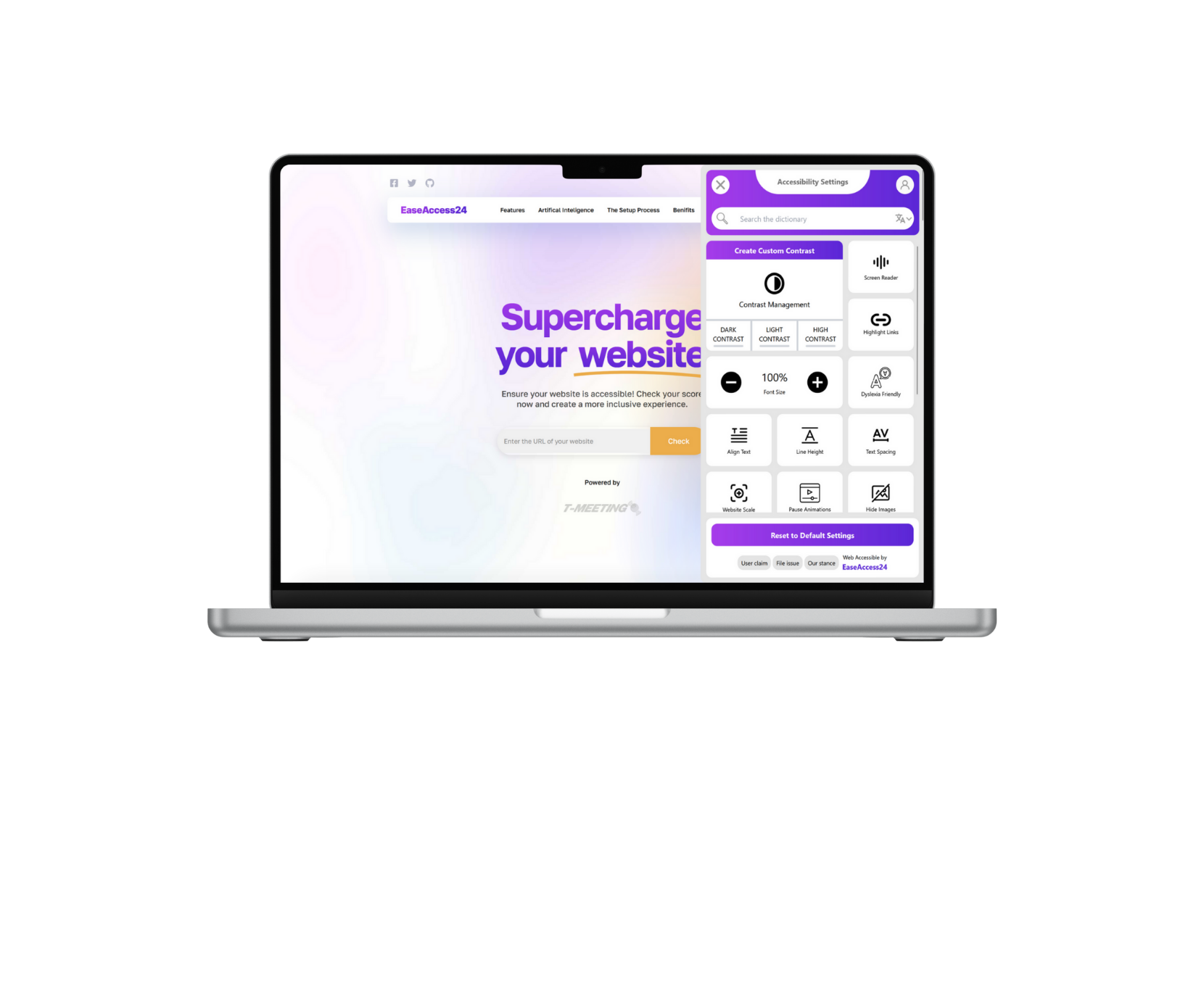 A laptop screen displaying the EaseAccess24 accessibility widget on a website 